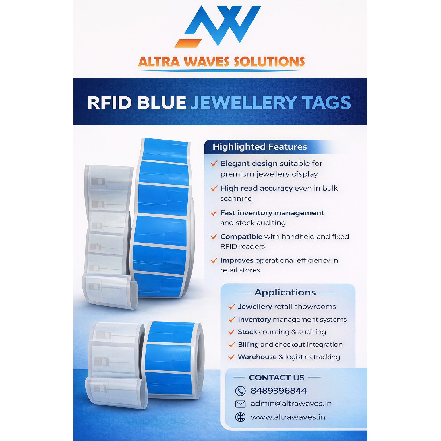 RFID blue jewellery tag attached to gold ring for inventory tracking